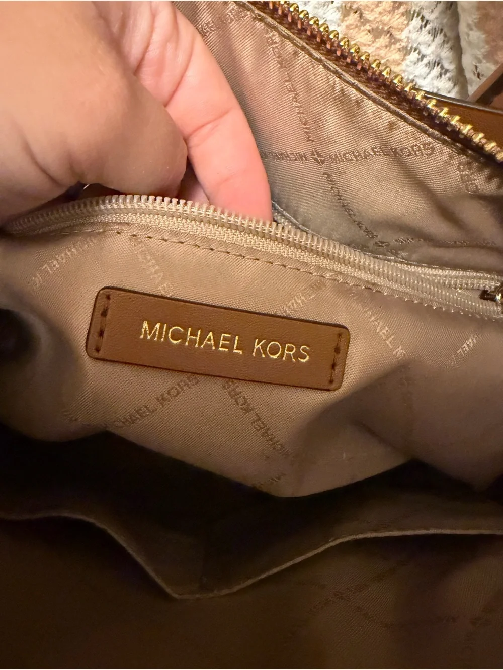 Michael Kors White Monogram Satchel with Brown Trim